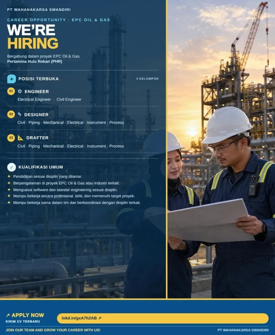 Engineer (Electrical Engineer, Civil Engineer) - Designer (Civil, Piping, Mechanical, Electrical, Instrument, Process) - Drafter (Civil, Piping, Mechanical, Electrical, Instrument, Process)