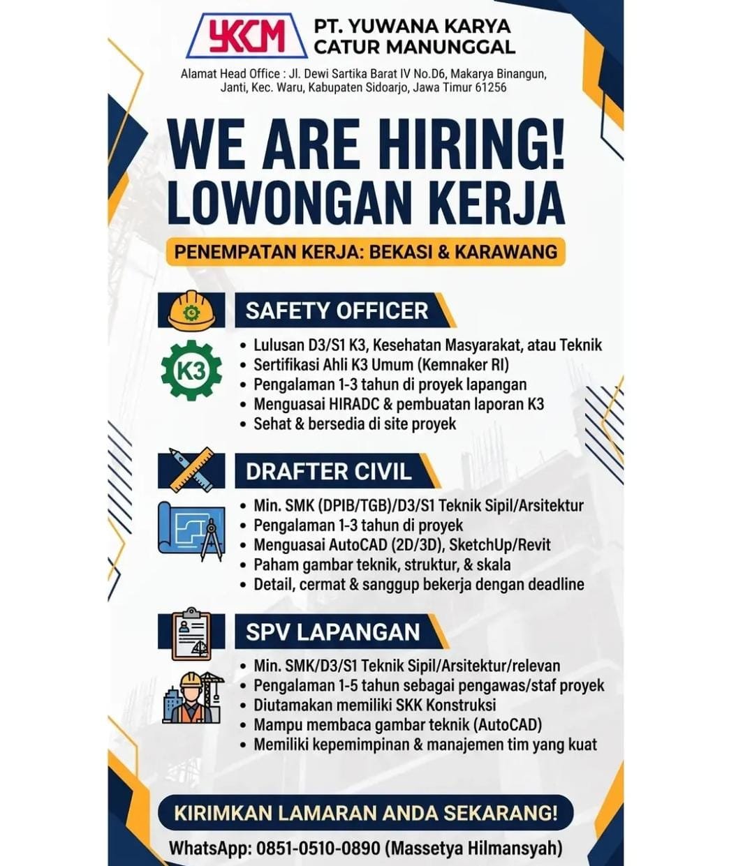 Safety Officer -  Drafter Civil  - SPV Lapangan (Supervisor Lapangan)